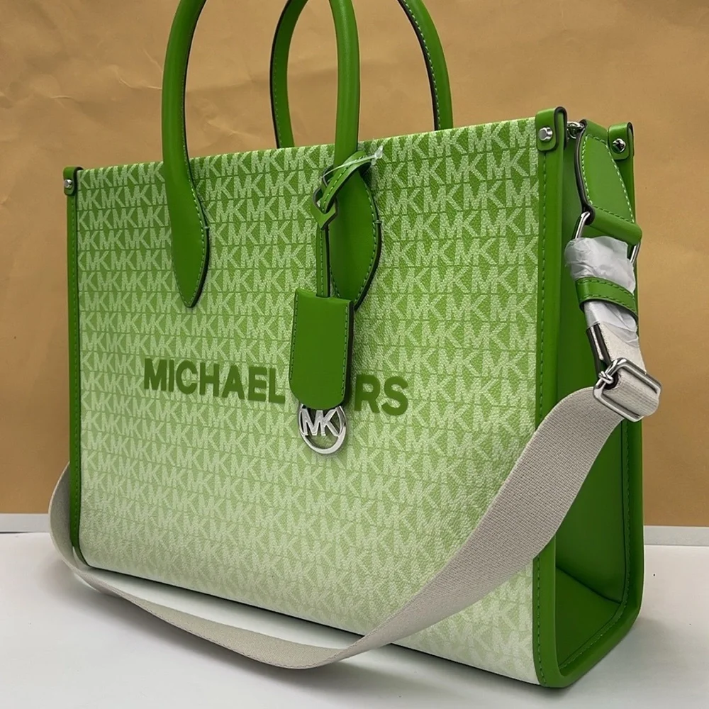 Michael Kors Mirella Medium Ombré Logo Tote Bag Jungle Green  NWT